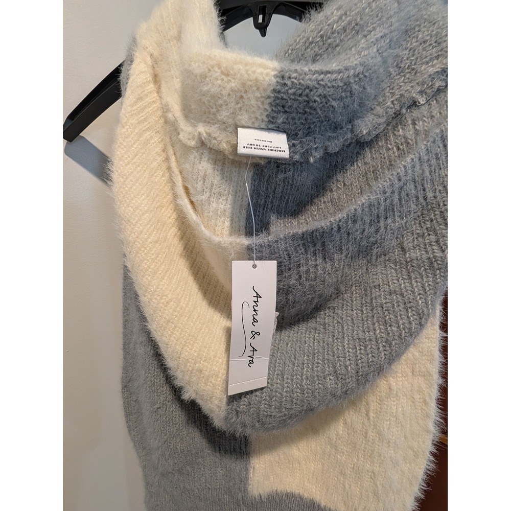 Anna & Ava Colorblock Plush Knit Hooded Scarf‎ Shawl Wrap Cream Grey - Picture 7 of 8